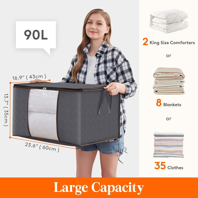 Large capacity clothing storage bag with reinforced handle, thick fabric, foldable, sturdy zipper, 1 set of 3 bags, 90L, gray - V.I.P Digital Presence
