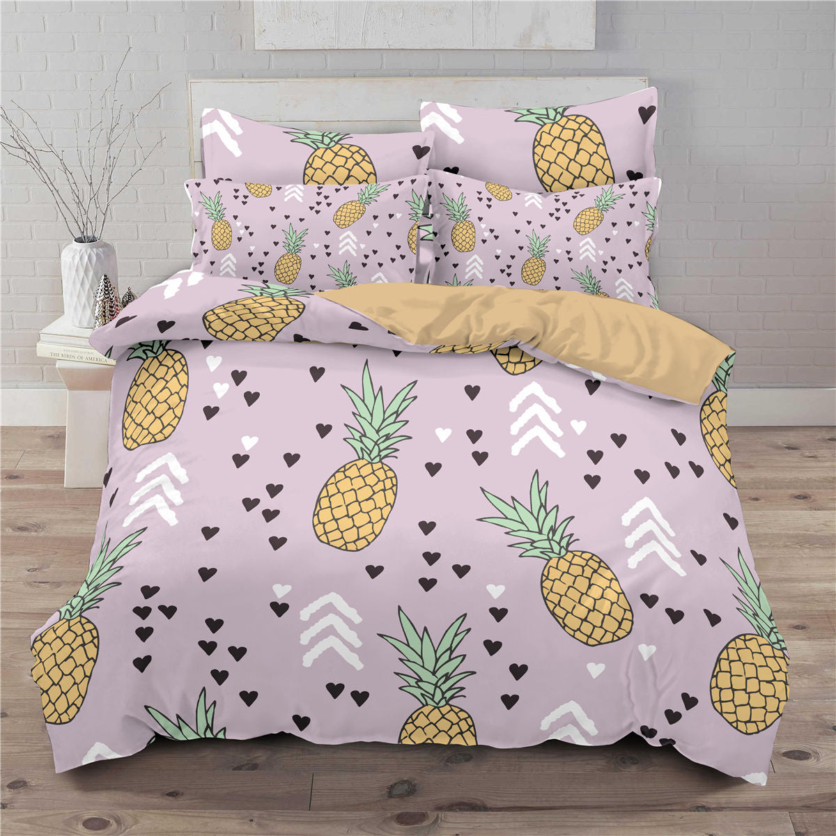 Funda de cama europea y americana de tres piezas impresa en 3D con una pequeña piña fresca 