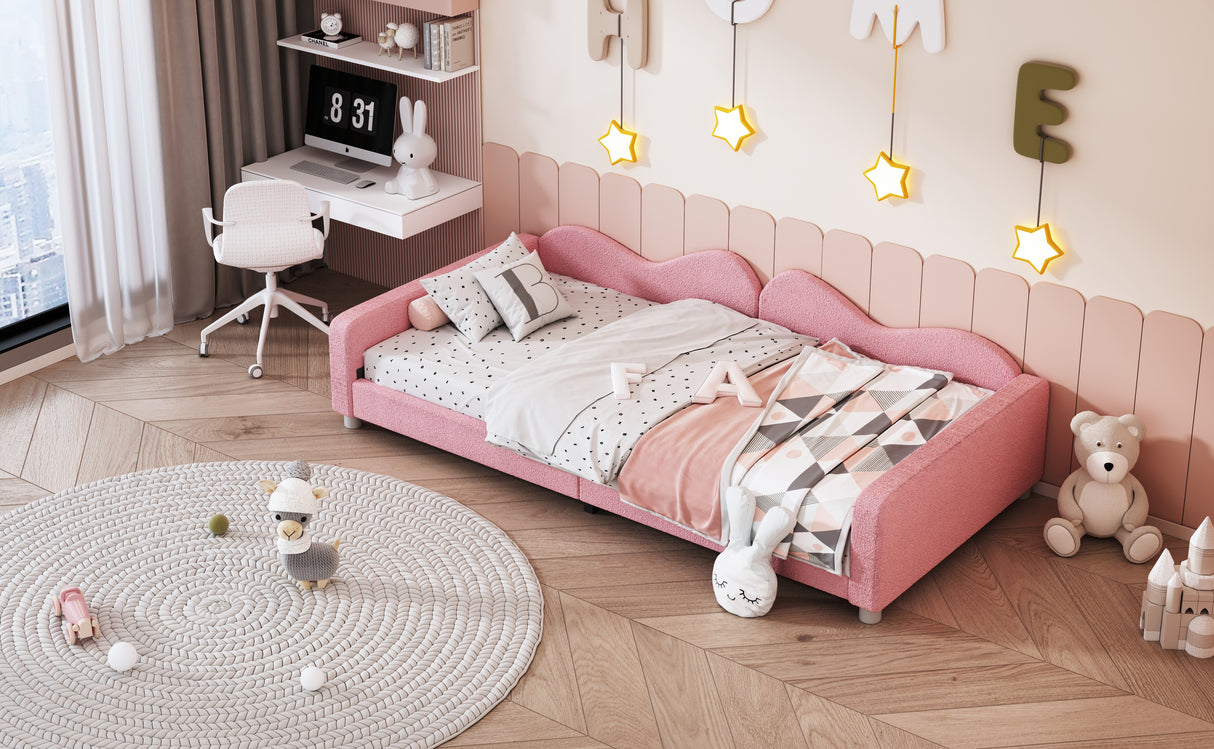 Twin size Upholstered Daybed, Sherpa Fabric Sofabed with Cloud-Shaped Backrest, No Box-spring Needed, Pink - V.I.P Digital Presence