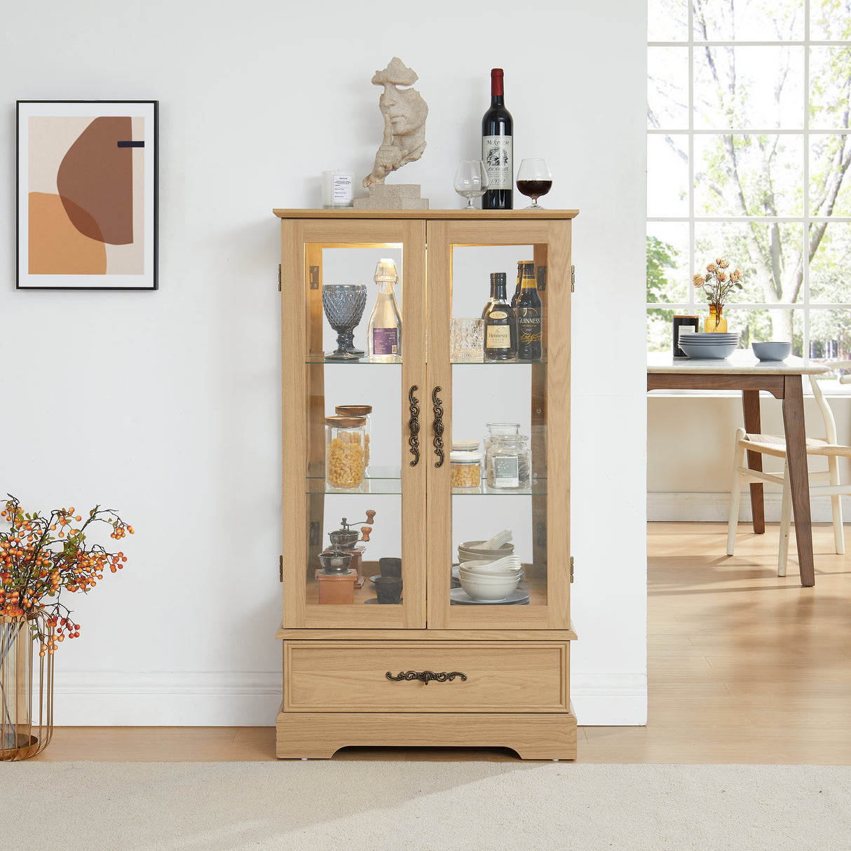Light colored glass cabinet with adjustable glass frame, including cabinet light bulbs OAK with 2 doors and 1 drawer - V.I.P Digital Presence