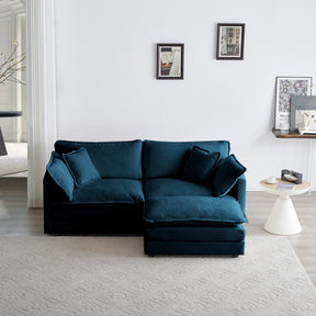 Chenille double sofa with 1 foot pedal, 2 seats L-shaped section, Ottoman style blue Chenille - V.I.P Digital Presence