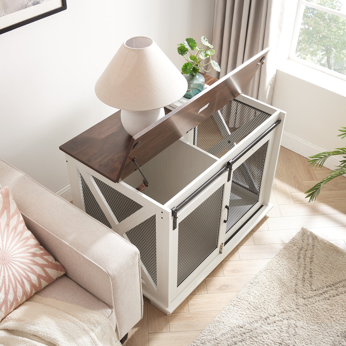 Farm kennel Flat noodles furniture with sliding barn door, farm wooden kennel end table, dog house with removable partition - V.I.P Digital Presence
