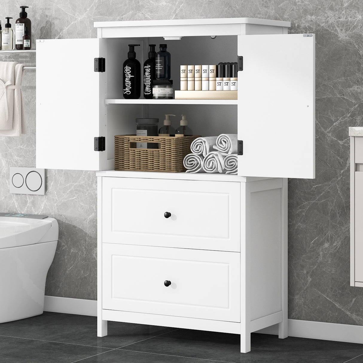 Bathroom Storage Cabinet, Cabinet with Two Doors and Drawers, Adjustable Shelf, MDF Board, White - V.I.P Digital Presence