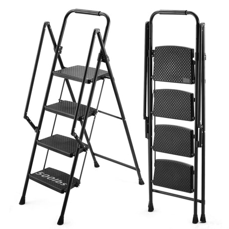 Four step ladder, lightweight folding four step stool, wide anti slip pedal and safety handle, sturdy steel ladder - V.I.P Digital Presence