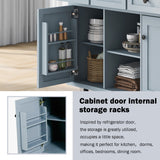 Kitchen handcart with rubber wood leaf countertop, storage cabinet, shelf, and 3 dining room drawers, gray blue - V.I.P Digital Presence