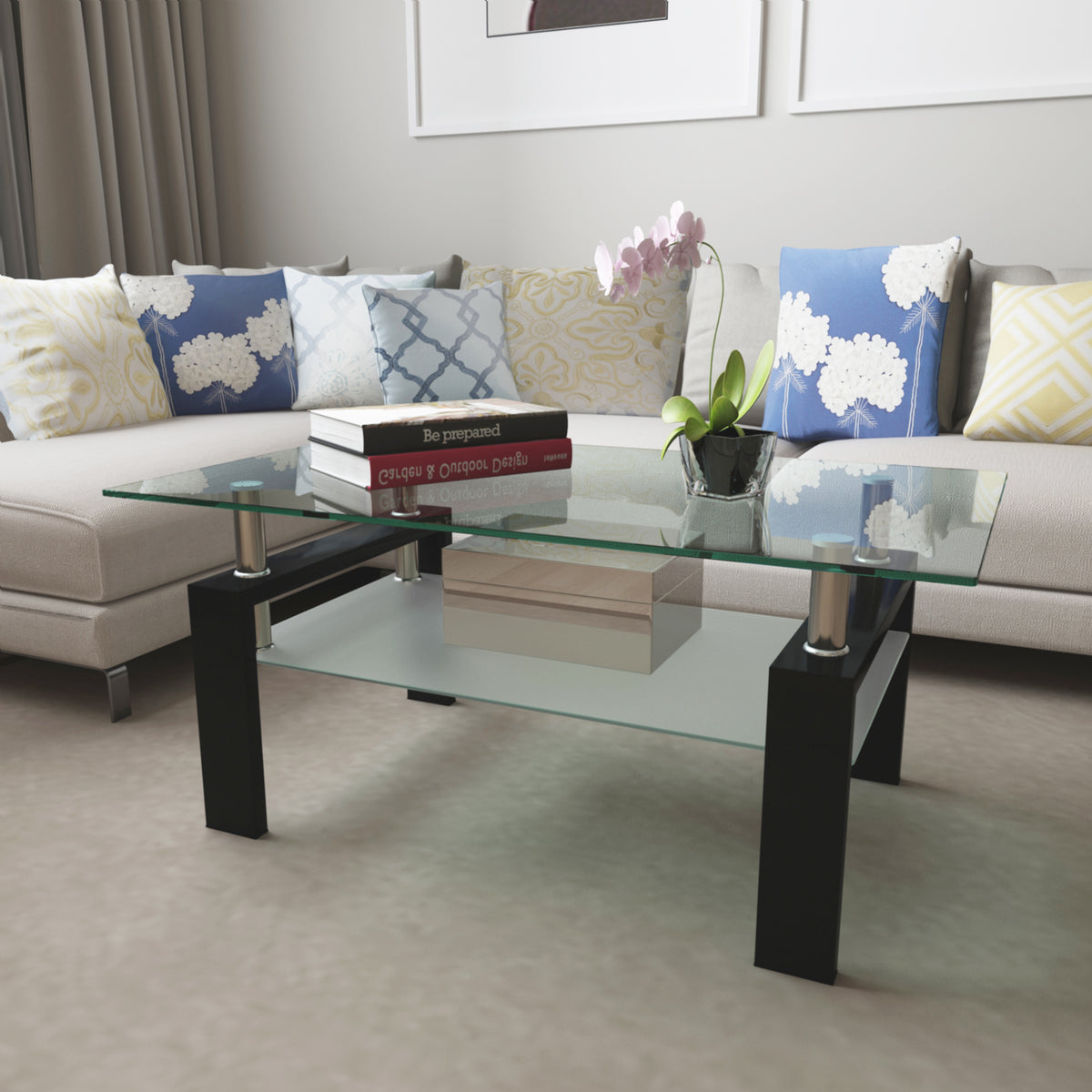 Rectangle Black Glass Coffee Table Clear Coffee Table Modern Side Center Tables for Living Room Living Room Furniture - V.I.P Digital Presence