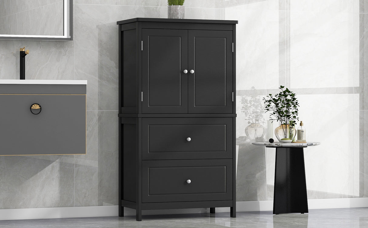 Bathroom Storage Cabinet, Cabinet with Two Doors and Drawers, Adjustable Shelf, MDF Board, Black - V.I.P Digital Presence
