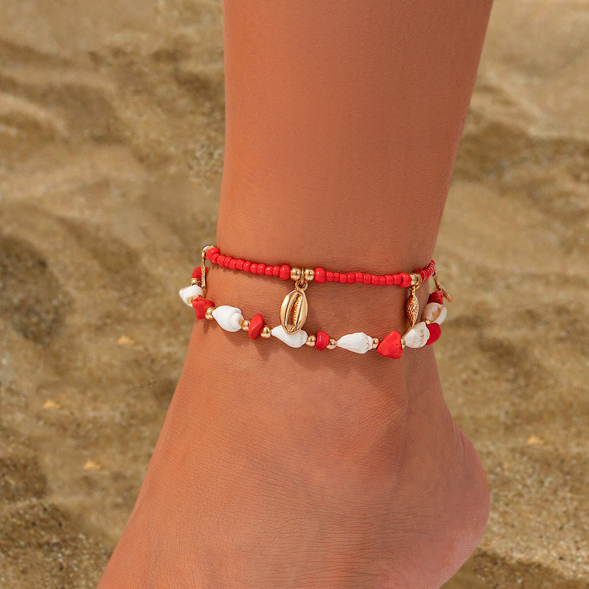 Leisure style beach circular rice bead foot ring 3-piece set, water droplet coin acrylic foot chain - V.I.P Digital Presence