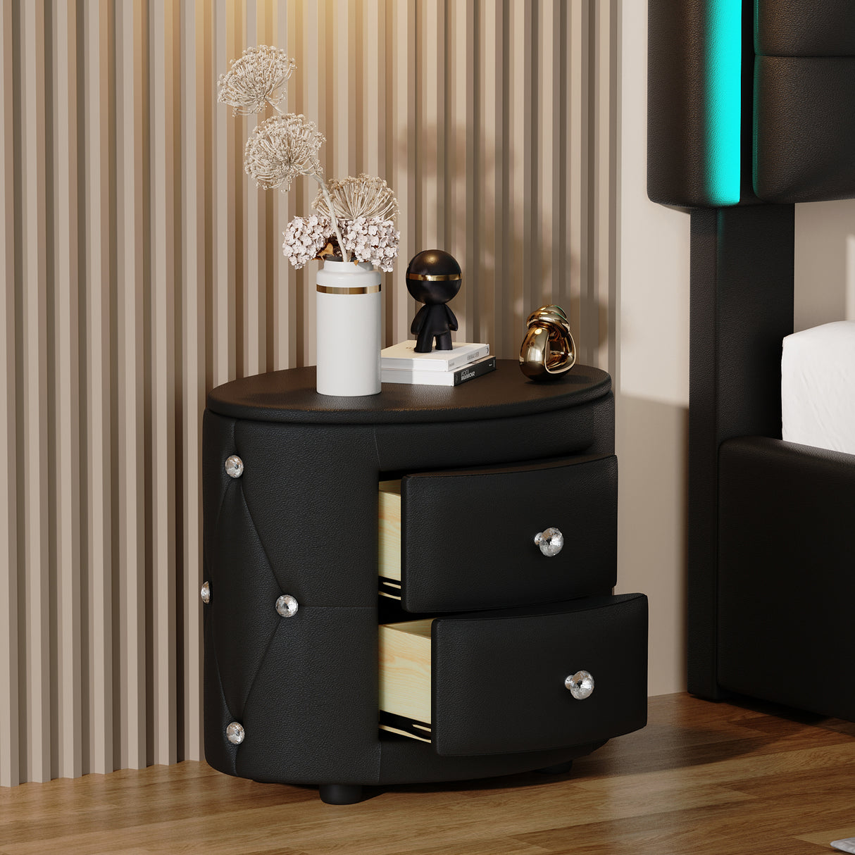 Elegant PU Nightstand with 2 Drawers and Crystal Handle,Fully Assembled Except Legs&Handles,Storage Bedside Table - Black - V.I.P Digital Presence