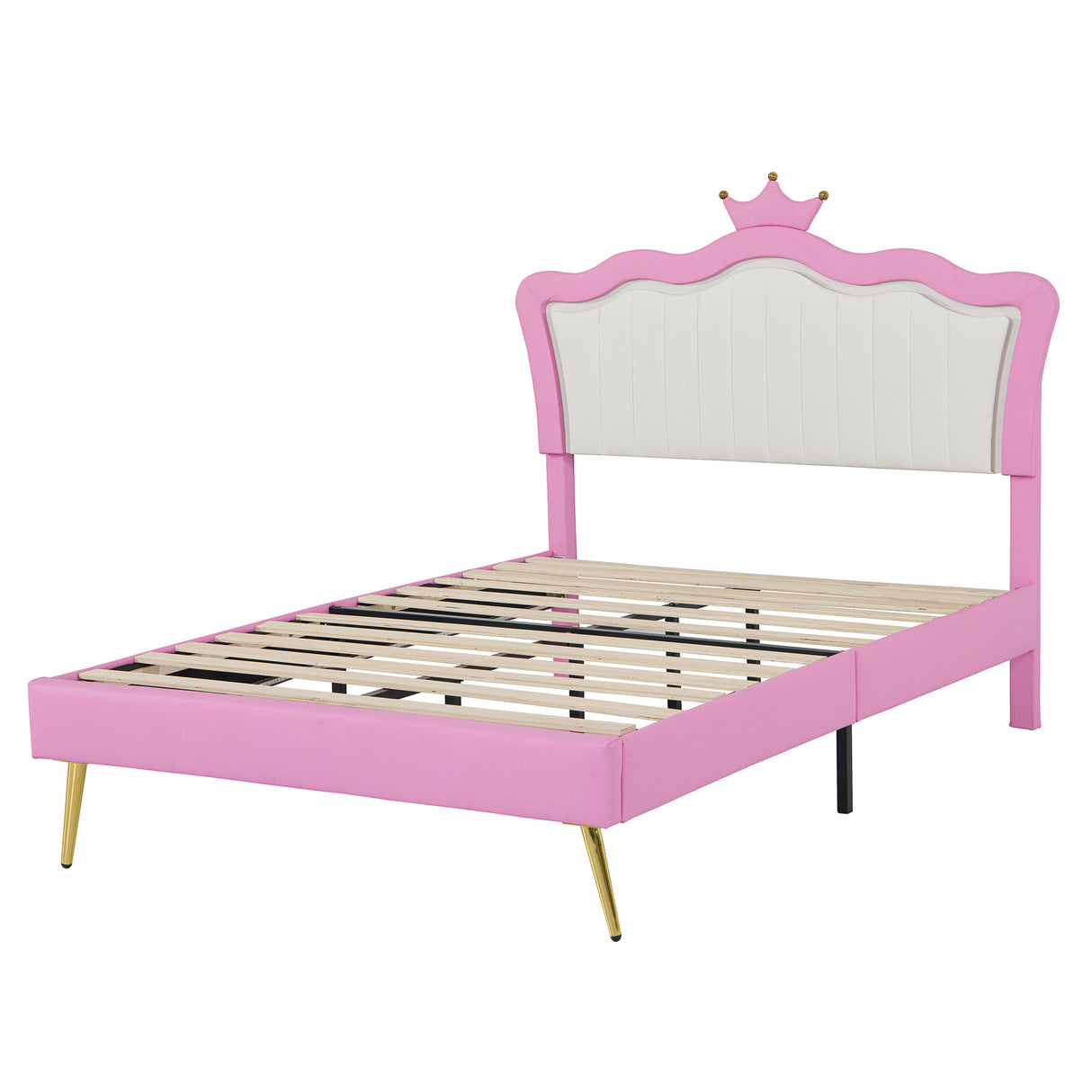 Full Size Upholstered Bed Frame with LED Lights, Modern Upholstered Princess Bed with Crown Headboard, Pink+White - V.I.P Digital Presence