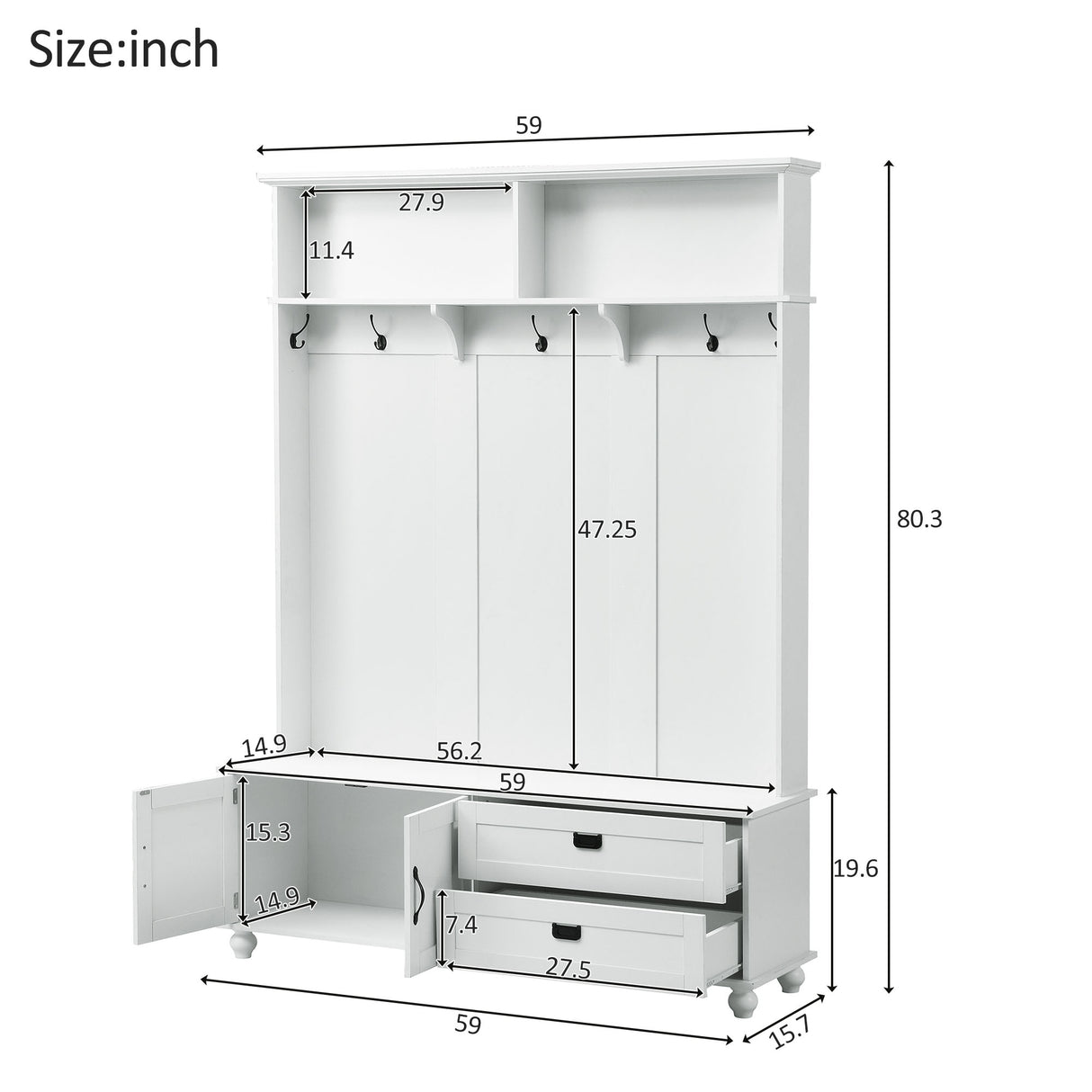 ON-TREND Modern Style Hall Tree with Storage Cabinet and 2 Large Drawers, Widen Mudroom Bench with 5 Coat Hooks, White - V.I.P Digital Presence