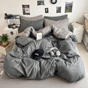 Washed Cotton Solid Color Double Spliced Four-Piece Bedding Set - Sheet, Quilt Cover, Pillowcases for Employee and Dormitory Use