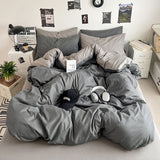 Washed Cotton Solid Color Double Spliced Four-Piece Bedding Set - Sheet, Quilt Cover, Pillowcases for Employee and Dormitory Use