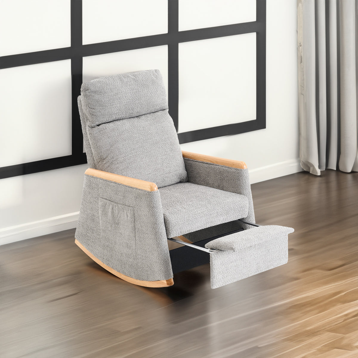 Accent Rocking Chair with Footrest High Back Rubber Wood Rocking Legs Bedroom Living Space 38.6D X 26.8W X 40.6H Inch - V.I.P Digital Presence