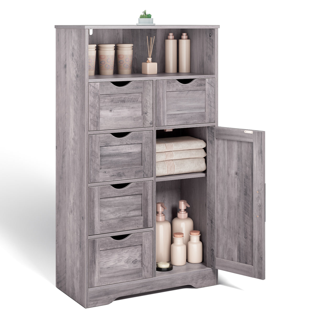 5 Drawers Storage Cabinet with Adjustable Shelves, Bathroom Cabinet with Doors, Floor Cabinet for Living Room Grey - V.I.P Digital Presence