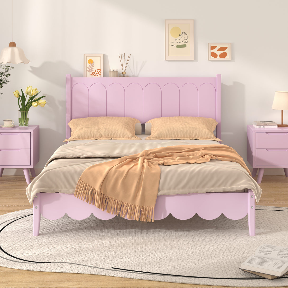 Full Size Wood Platform Bed Frame, Retro Style Bed with Rectangular Headboard,No Need Box Spring,Pink - V.I.P Digital Presence