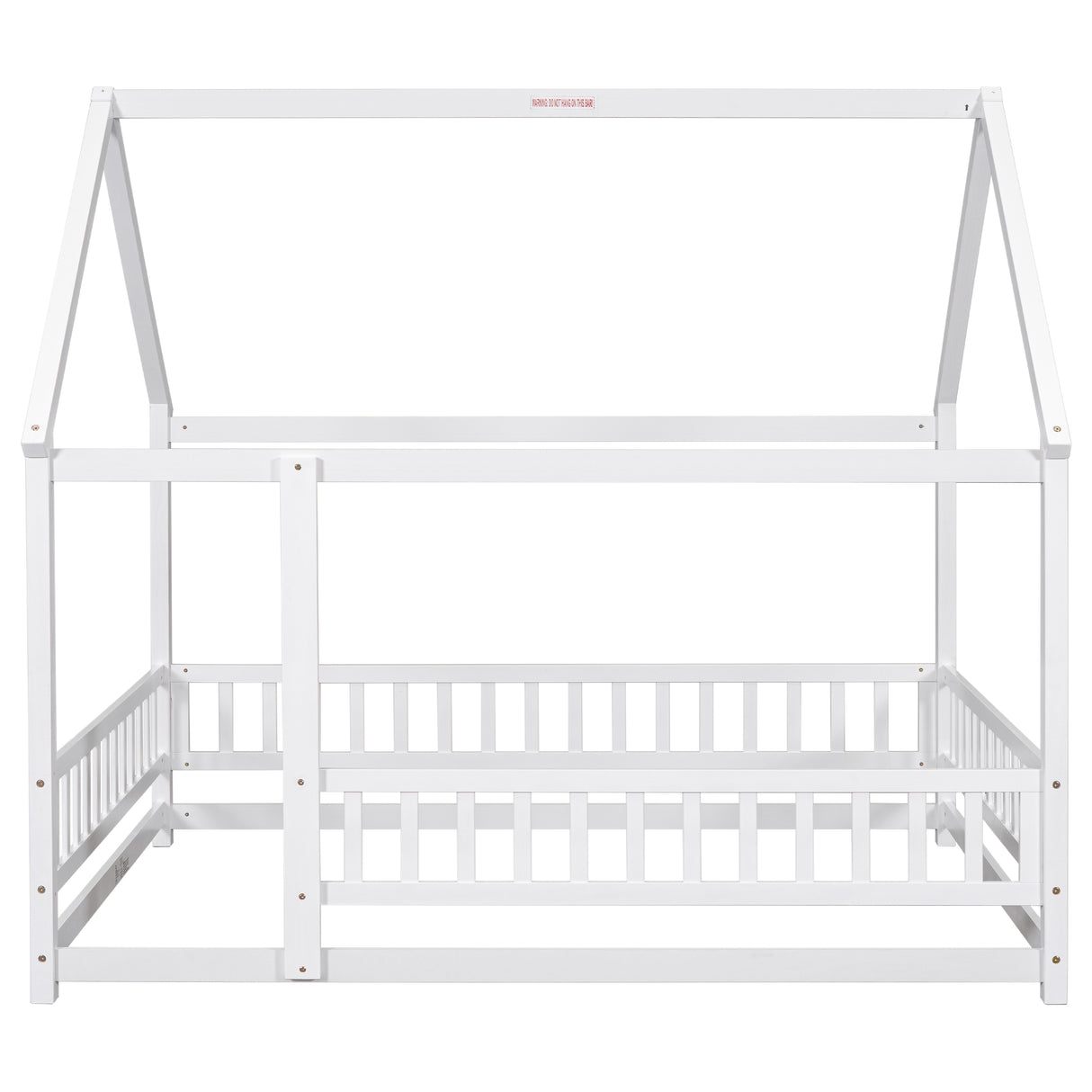 Full Size Floor Wooden Bed with House Roof Frame, Fence Guardrails ,White - V.I.P Digital Presence