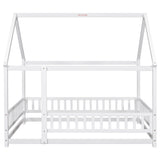 Full Size Floor Wooden Bed with House Roof Frame, Fence Guardrails ,White - V.I.P Digital Presence