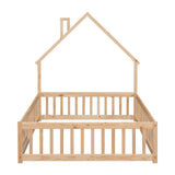 Full House-Shaped Headboard Floor Bed with Fence Natural - V.I.P Digital Presence