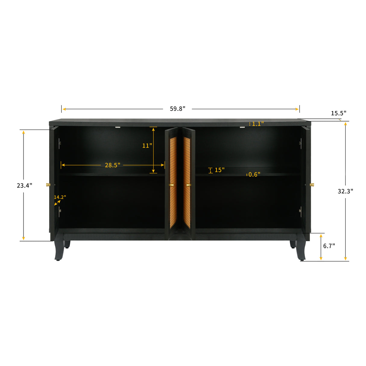 Handcrafted Premium Grain Panels Rattan Sideboard Buffer Cabinet Accent Storage Cabinet With 4 Rattan Doors BLACK - V.I.P Digital Presence
