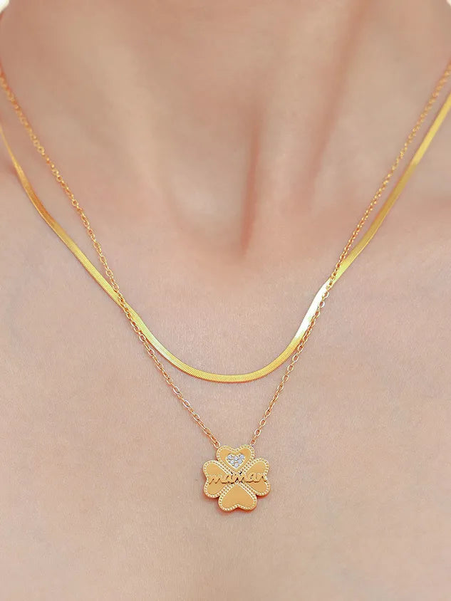 2 Piece 18K Gold-Plated Inlaid Zircon Lucky Clover Necklace - V.I.P Digital Presence