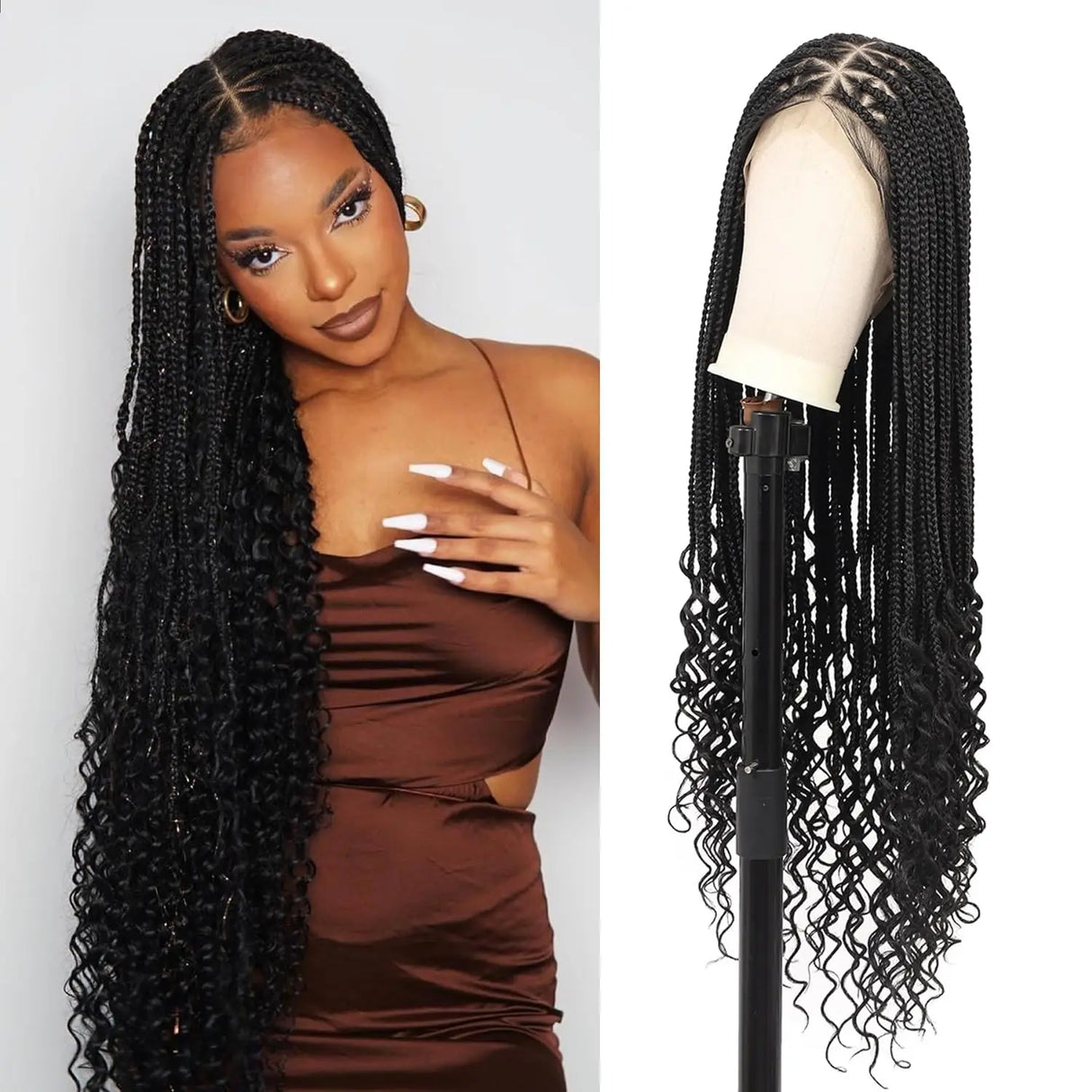 Triangle Knotless Braided Wigs 36Inch Bohemian Curly Braided Lace Front Wigs Synthetic Hand Double Lace Braid Wig - V.I.P Digital Presence