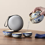 Blue and white beige Ru kiln travel tea set one pot three cups outdoor portable entwined lotus ceramic retro teapot - V.I.P Digital Presence