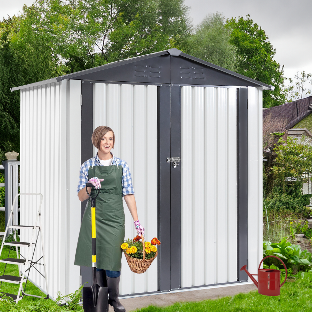 XWT014 Garden Metal Storage Shed Gray White 6x4x6ft outdoor storing tools Rainproof Hinge door version - V.I.P Digital Presence