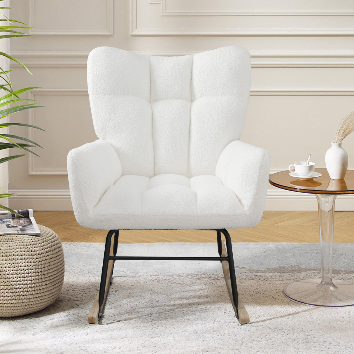 Teddy fabric rocking chair, cushioned rocking chair with high backrest, modern rocking chair, white - V.I.P Digital Presence