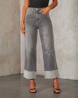 Straight leg jeans women's retro rolled edge high waisted pants - V.I.P Digital Presence