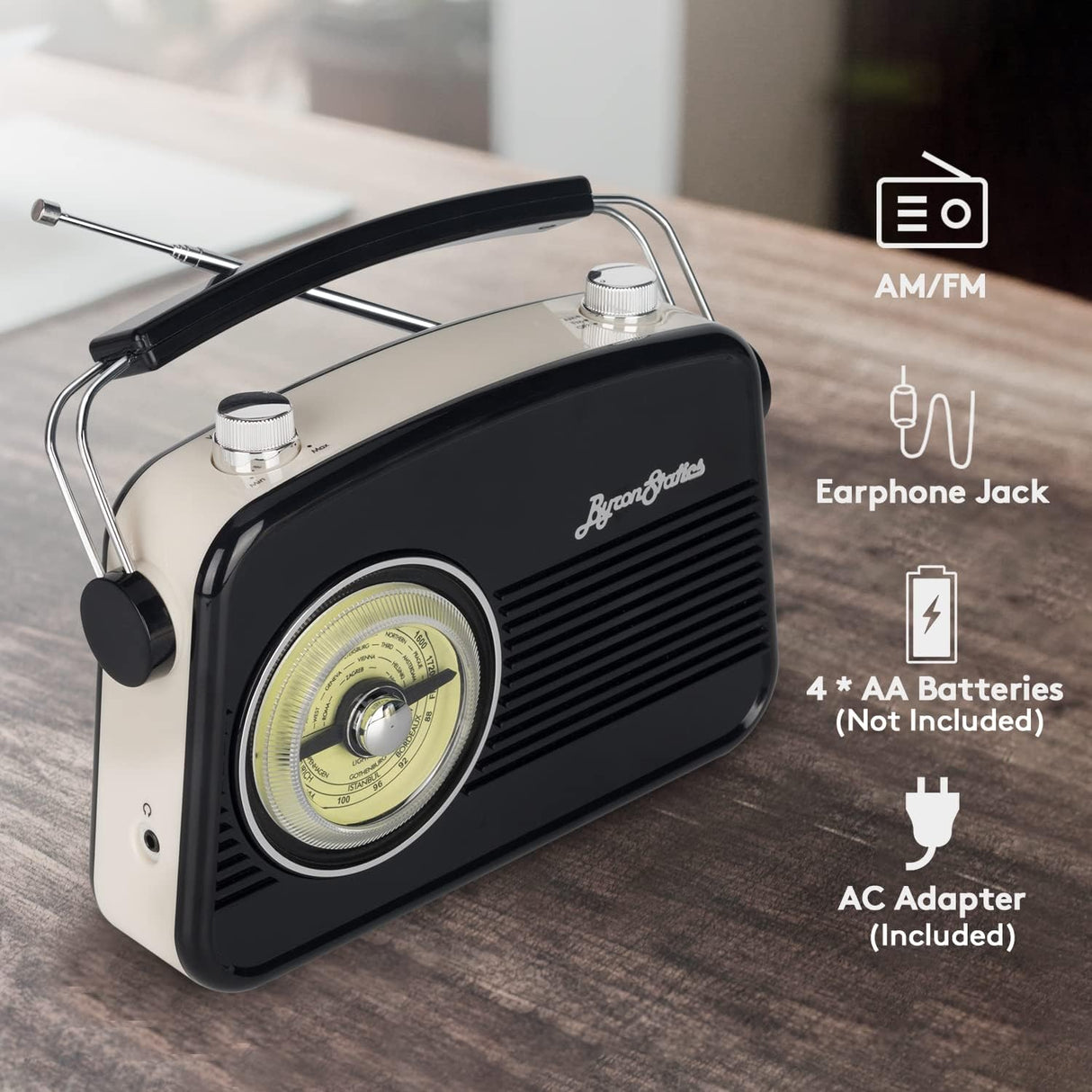 Black AM FM Radio - Small Portable Radios Vintage/Retro with Headphone Jack, Large Analog Rotary Tuning Dial - V.I.P Digital Presence
