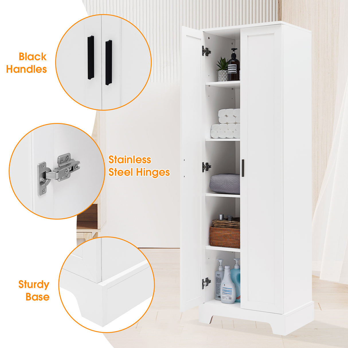 Storage Cabinet with Two Doors for Bathroom, Office, Adjustable Shelf, MDF Board, White - V.I.P Digital Presence