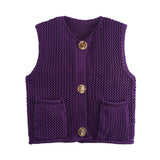Street Fashion Crochet Hollow Vest Solid Color Versatile Round Neck Jacket - V.I.P Digital Presence