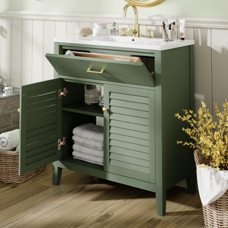 30-Inch Bathroom Vanity with Ceramic Sink Combination, Ample Storage - Features 1 Pullout and Multifunctional Shelf Dividers - V.I.P Digital Presence
