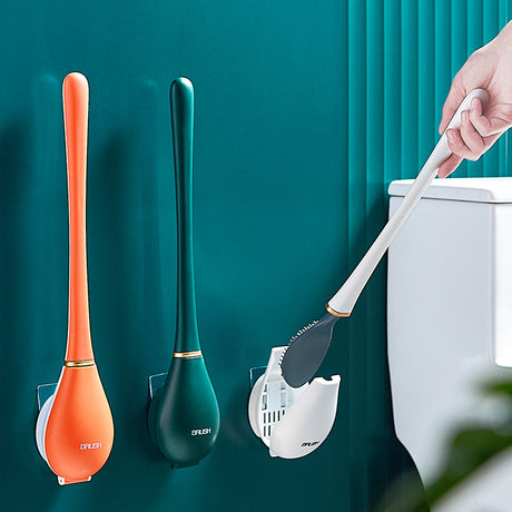 Non perforated wall mounted toilet brush with base, household dead corner cleaning silicone long handle - V.I.P Digital Presence