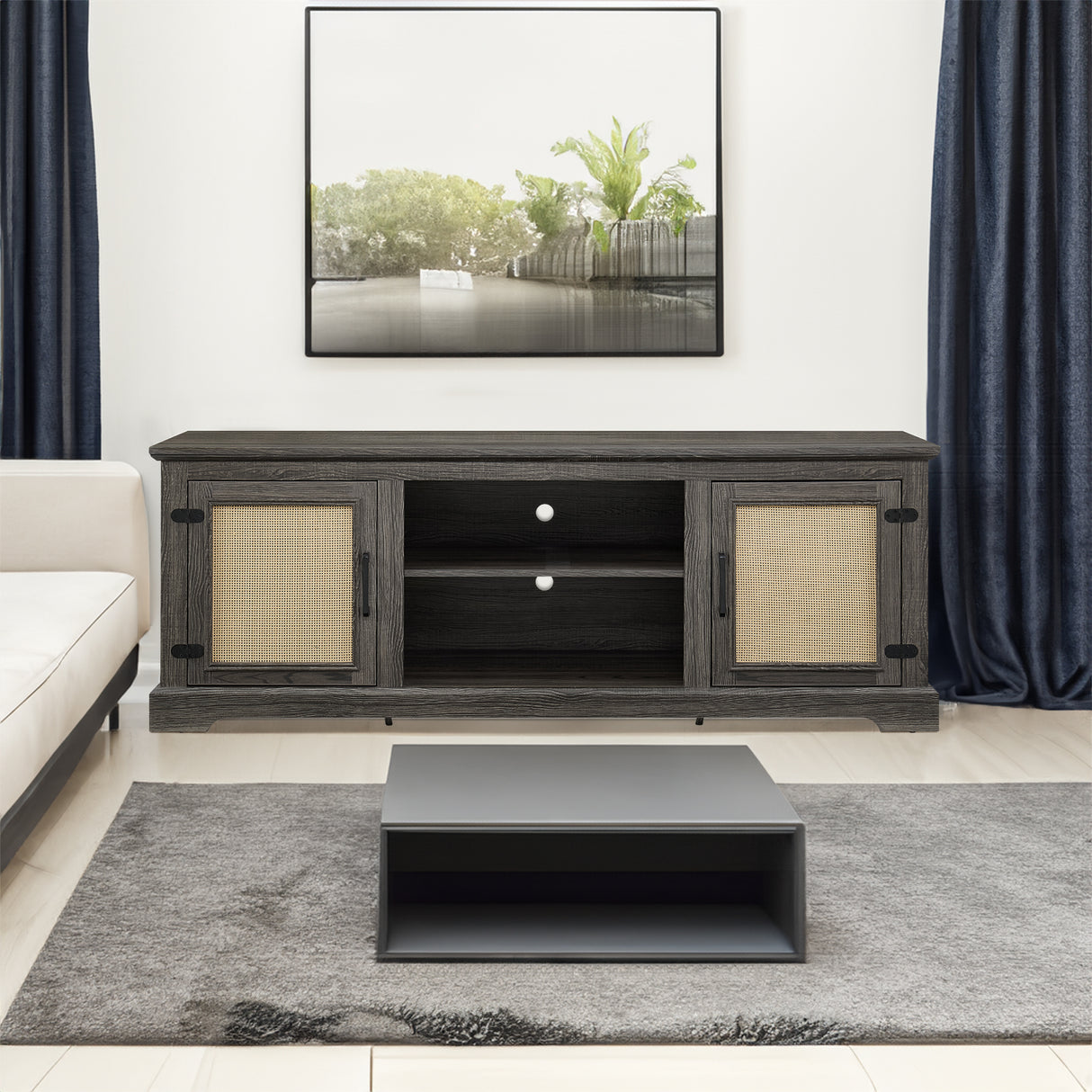 Vine TV stand console table, suitable for TVs under 70 inches, equipped with 2 storage shelves and 2 natural rattan doors, gray - V.I.P Digital Presence