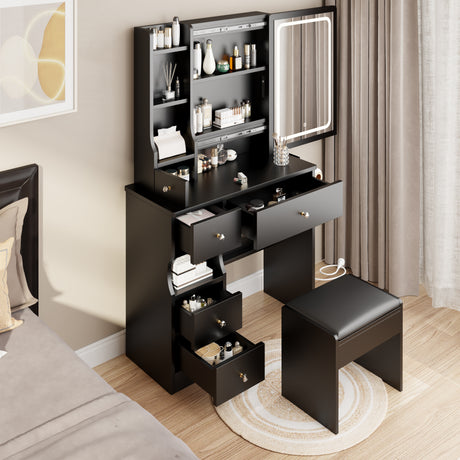 Left drawer desktop vanity+cushioned stool, 2 AC+2 USB power stations, touch sliding LED mirror, tri color switch - V.I.P Digital Presence