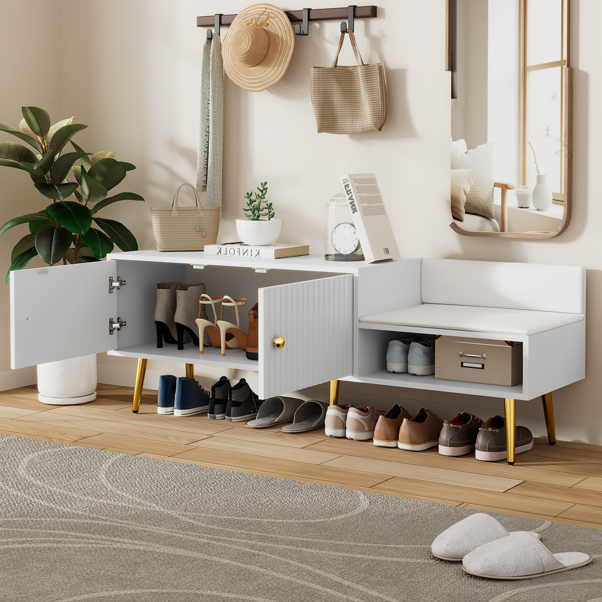 Modern Shoe Storage Bench with Hidden Storage and Upholstered Cushions for Bedside, Living Room and Entryway (White) - V.I.P Digital Presence