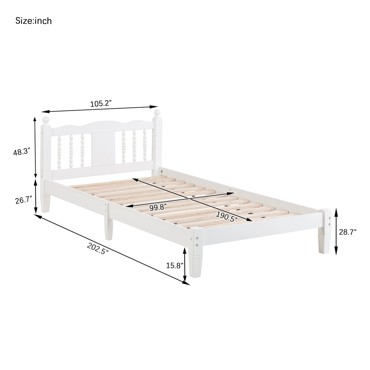 Twin Bed with Column-Decoration Headboard, with Bed Slats,White - V.I.P Digital Presence