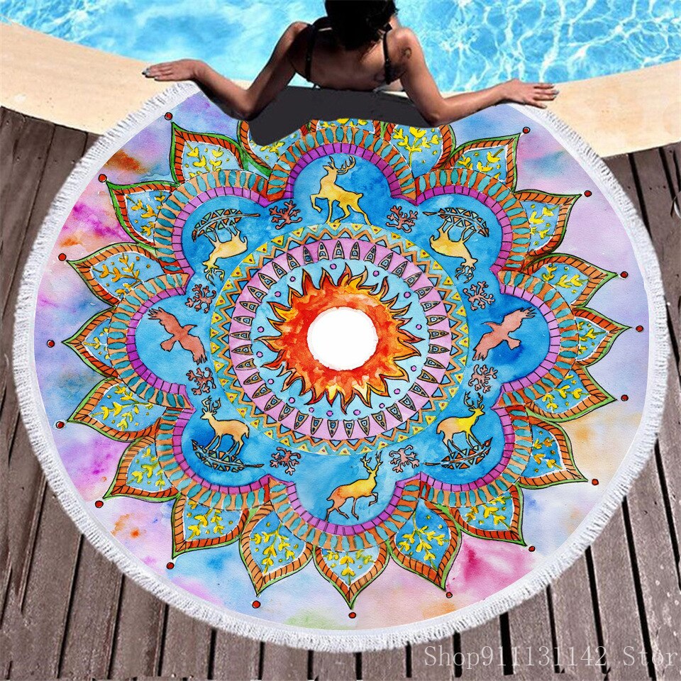 Toalla de playa redonda con estampado digital de animales de Tai Chi bohemios en 3D, ideal para natación, yoga, picnic y bikini.