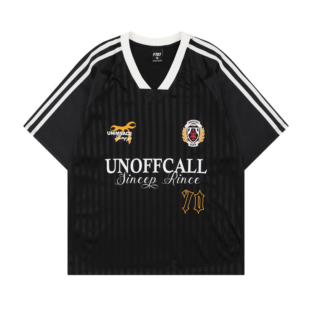 Vertical Stripe Letter Print Sports Jersey Men's Summer American Street Casual Loose Color Block Short Sleeve T-Shirt Top - V.I.P Digital Presence
