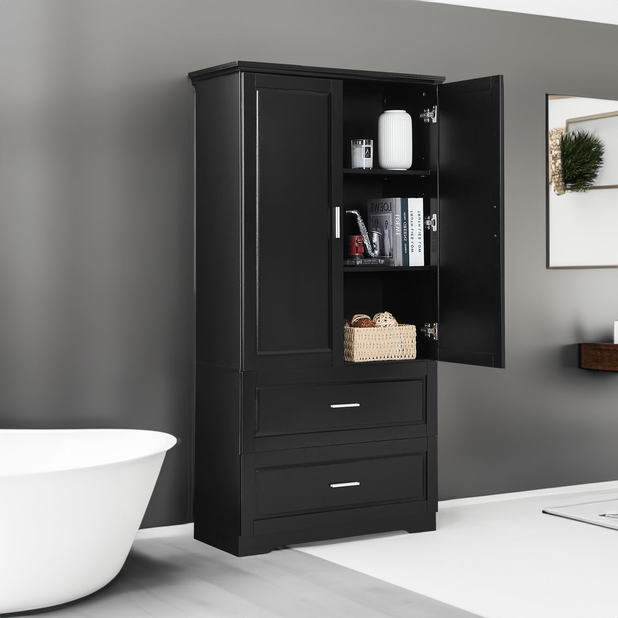 Tall Bathroom Storage Cabinet, Cabinet with Two Doors and Drawers, Adjustable Shelf, MDF Board, Black - V.I.P Digital Presence