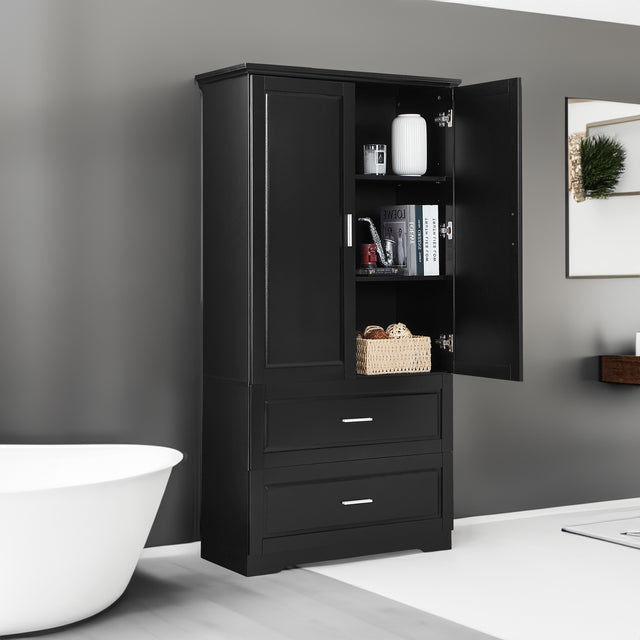 Tall Bathroom Storage Cabinet, Cabinet with Two Doors and Drawers, Adjustable Shelf, MDF Board, Black - V.I.P Digital Presence