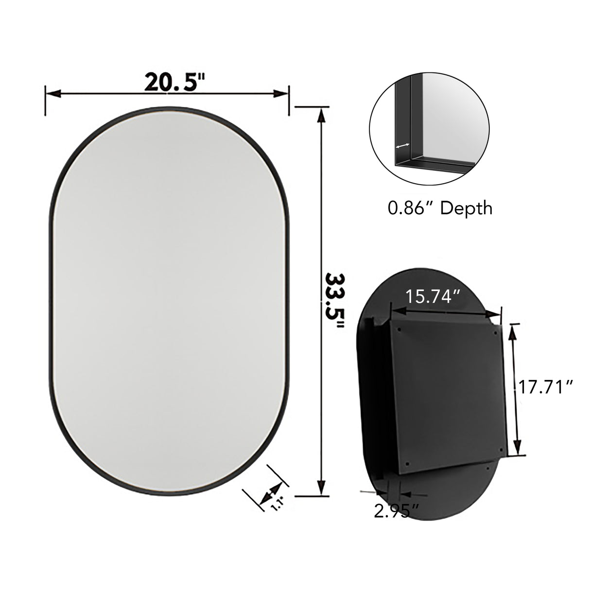 20x34 inch oval embedded medicine cabinet, metal frame bathroom cabinet with mirror and adjustable shelf matte black - V.I.P Digital Presence