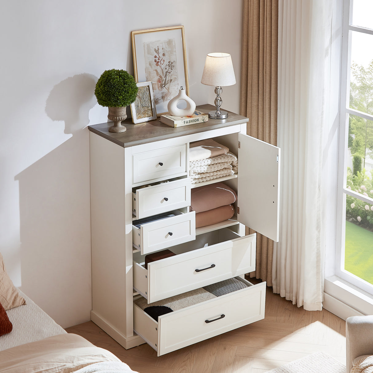 Farmhouse 5 drawer bedroom dressing table, high drawer cabinet white wooden bedroom dressing table. - V.I.P Digital Presence