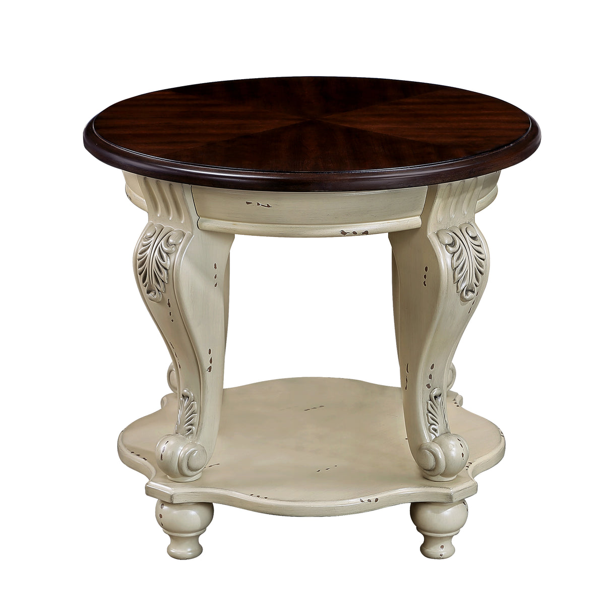 22 inch dual tone round head table, solid wood sofa side table with shelf, white and cherry tabletop - V.I.P Digital Presence