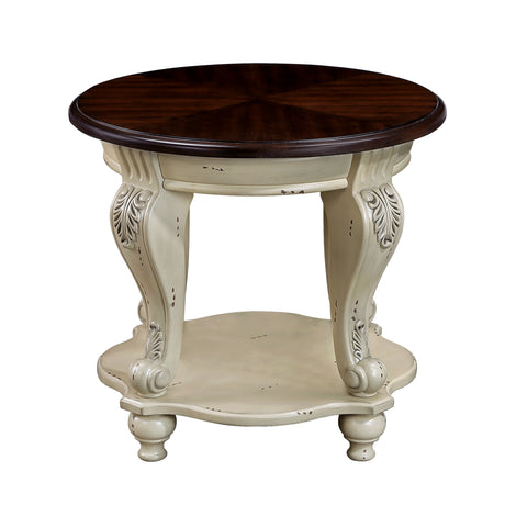 22 inch dual tone round head table, solid wood sofa side table with shelf, white and cherry tabletop - V.I.P Digital Presence