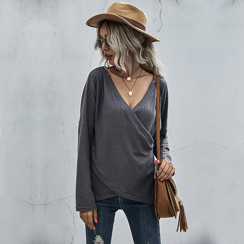 Waffle-Knit Surplice Long Sleeve Top - V.I.P Digital Presence