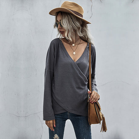 Waffle-Knit Surplice Long Sleeve Top - V.I.P Digital Presence