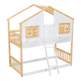 Twin over Twin House Bunk Bed with Roof , Window, Window Box, Door , with Safety Guardrails and Ladder, Natural/White - V.I.P Digital Presence